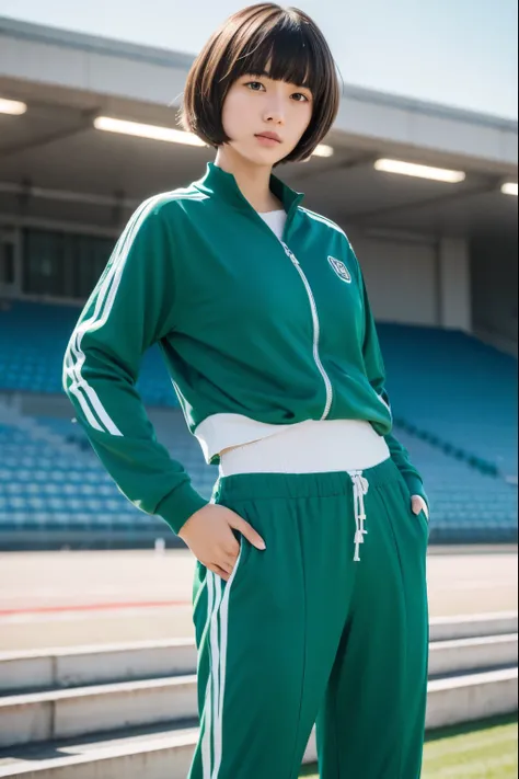 at the track and field stadium, japanese plump lady, pale skin, droopy eyes, 20 year old, bowl cut hair, ((green Tracksuit)), ((standing)), high quality:1.3, shoot from below 2.0, Professional lighting:2.0 realistic:1.2, 4k resolution, detailed skin, maste...