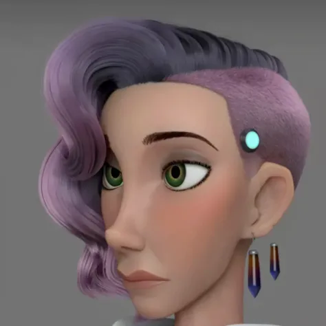 un gros plan d&#39;une femme aux cheveux violets et aux boucles d&#39;oreilles, personnage en gros plan, personnage en gros plan, gros plan d&#39;art de personnage, personnage d&#39;animation, Avatar de bobine de démo 3D, coiffure futuriste, gros plan du p...