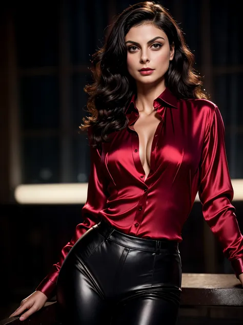 morena baccarin, long curly hair, gorgeous eyes, high arched eyebrows, seductive look, (crimson low-cut silk shirt:1.3), black l...