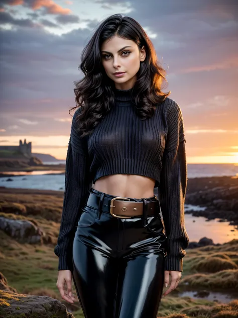 foreground: a gorgeous woman (morena baccarin), wet wavy hair in the wind. she's a men magazine model, she has a subtle smile an...