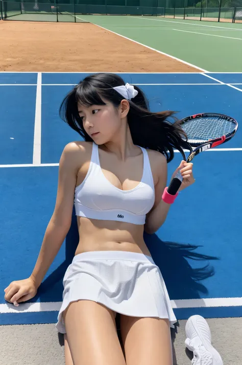 black hair, big breasts, white pleated skirt, Navy blue tennis wear, Tennis court, tennis racket, whole body, Japanese beautiful girl, The viewer is lying on the ground looking up at her, You can clearly see the unevenness of her pussy in her white panties...