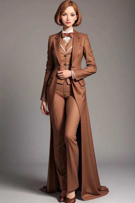 Create a detailed photo of a full-length standing woman, High definition, high resolution, in formal clothes in neutral colors and her short-haired brown Hungarian Vizsla dog on her lap, apoiando as patas dianteiras em seu dono