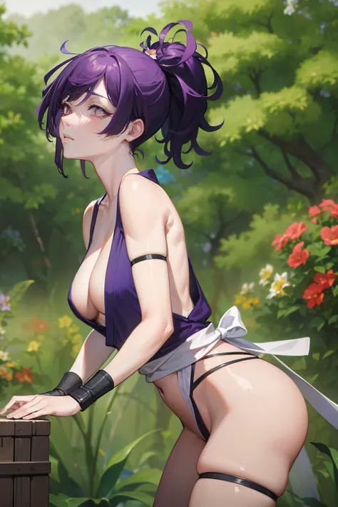 (best quality:1.1), (Masterpiece:1.2), Portrait, 1 girl, Yuzuriha_(Jigokuraku), purple hair, brown eyes, Ninja, Open the clothes., cleavage, small breasts, topknot, medium hair, chest apart, White Obi, Beaming, Lush outdoors:1.1), flower (NSFW 1.5)