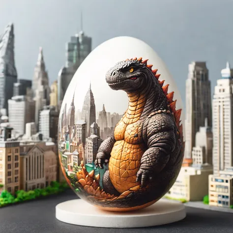 egg, godzilla,  (high detailed skin:1.2), city, 8k uhd, dslr, soft lighting, high quality, film grain, fujifilm xt3, egg-art