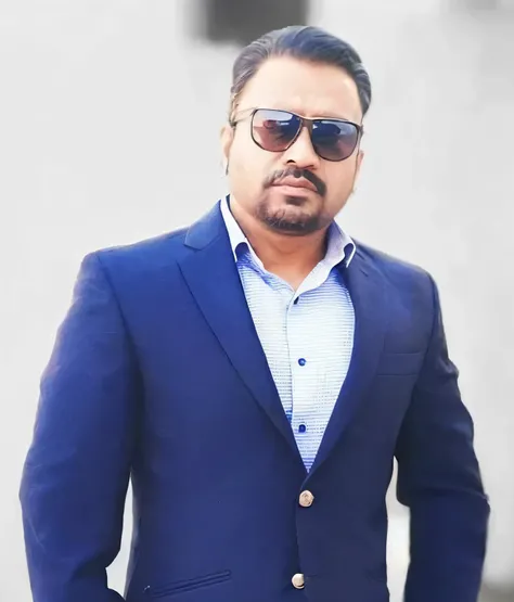 there  a man in a blue suit and sunglasses standing, khyzyl saleem, mogul khan, johnatan wayshak, ash thorp khyzyl saleem, stylish pose, kyza saleem, in style of col price, dressed in a jodhpuri suit, ranjit ghosh, ceo, inspired by Bikash Bhattacharjee, ha...