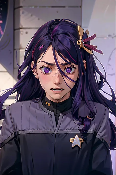  fullframe fullboy  Hoshino Ai, long hair, purple hair, streaked hair ,purple eyes, star-shaped pupils, hair ornament, distressed cry expression ds9st uniform