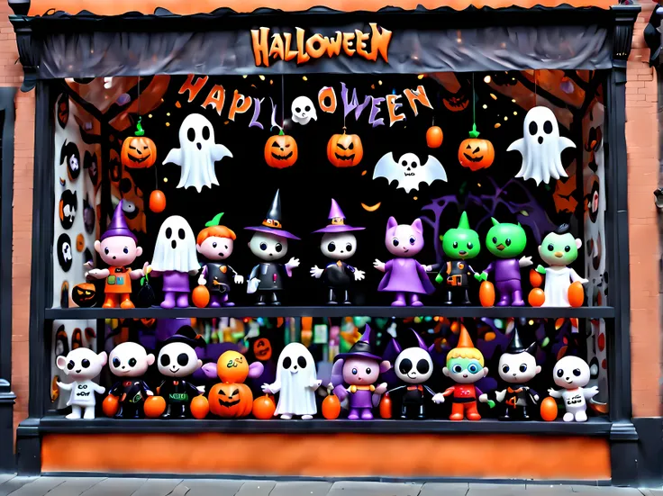 Cute Cartoon, CuteCartoonAF. | Masterpiece in maximum 16K resolution. | (Cute cartoon style). | (((Halloween themed toy store window display))). | ((More_Detail))