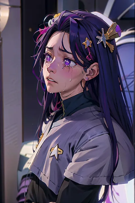  fullframe fullboy  Hoshino Ai, long hair, purple hair, streaked hair ,purple eyes, star-shaped pupils, hair ornament, distressed crying sobbing expression ds9st uniform