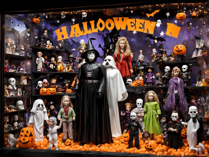 masterpiece in maximum 16k resolution. | (halloween themed toy store window display). | ((more_detail))