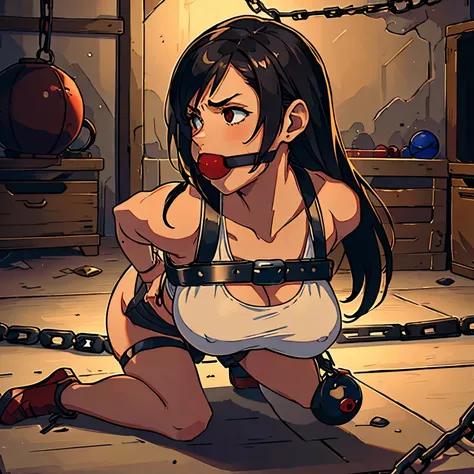 high quality, high resolution, extreme detail, masterpiece, tifa lockhart, white tank top, tied up by chain, in the basement,,bo...