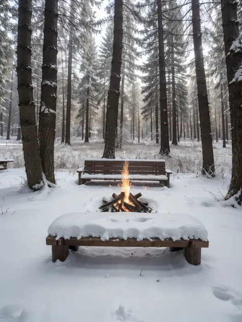 Ultra realistic, 8k, 4k, best quality, closeup shot of bonfire in snow in the morning, no person in the photo, beautiful flames, no smoke, beautiful morning, beautiful snow, bench