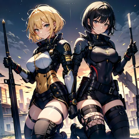 highest quality，T Masterpiece，final solution，Fluffy，非常にcolorful，colorful，female combatant，（kneeling pose）（pointing at your ass）mature woman，black super short hair，tight combat uniform，tight suit，steel city background，night，normal posture，normal posture、Gen...