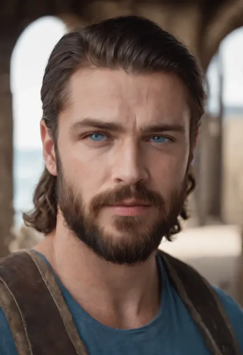 Poseidon, shoulder length brown hair, beard, ocean blue eyes, chiton, muscular. Realistic hyper-detailed portraits, masculine, western style portraits, digital art techniques, dressed as a dirty auto mechanic