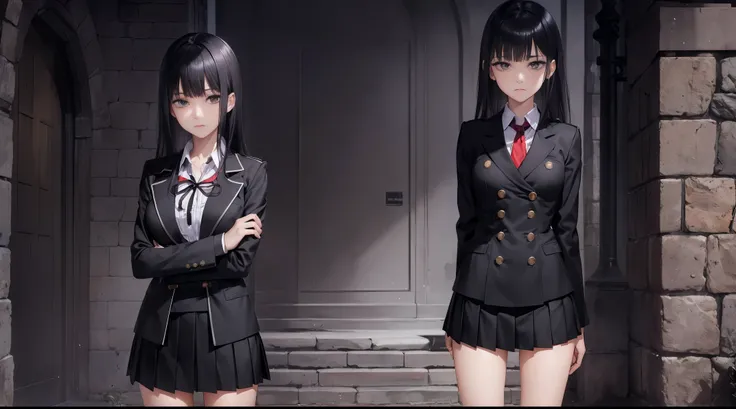 manga, (Beautiful posture), 1Girl,slim,( thin), ((black short skirt with pleats)),(((short double-breasted jacket))), (black very short jacket),(fitted clothing) ,a white blouse, (red tie short) ,(Mary Jane shoes),long bangs on face, (straight black hair t...