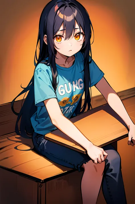 (8K Ultra High-Quality) (Masterpieces) (Image) (人物: Rimuru) 1 Girl 17years old, Long Black hair, Orange eyes colors, wearing Rock T-shirt written Gun N Roses on front, wearing Jean, background in Scient classroom in High School, sitting at table looking at...