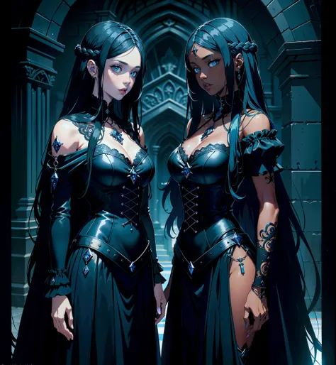 adesivo, fundo simples, portrait, 2 girls with dark skin, sisters, with long hair, beautiful gothic girl, gothic aesthetic, beautiful girl, very beautiful fantasy art, beautiful and elegant female gothic, beautiful detailed fantasy, black and blue color pa...