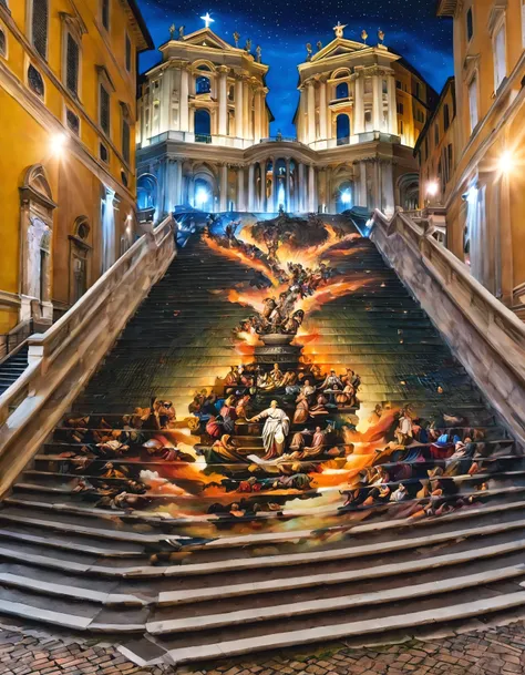 masterpiece, best quality, stair-art, vatican, nighttime, oil painting, vibrant, flash-photography, high-saturation