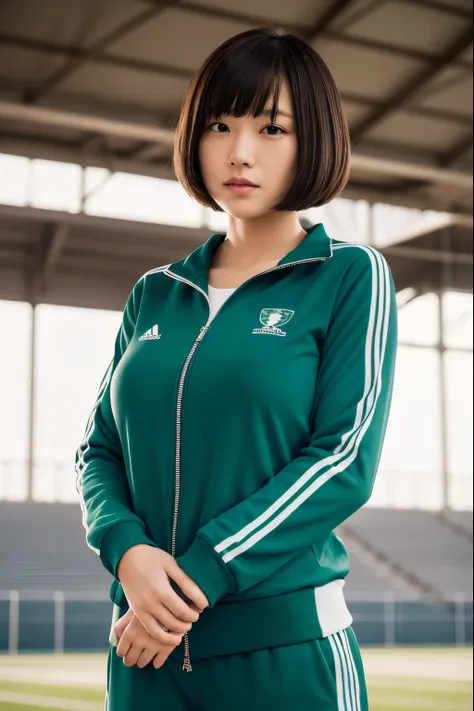 Upper Body, show off nipple, at the track and field stadium, japanese lady,((gigantic breasts)), pale skin, droopy eyes, 20 year old, bowl cut hair, ((green Tracksuit)), ((standing)), high quality:1.3, shoot from below 2.0, Professional lighting:2.0 realis...