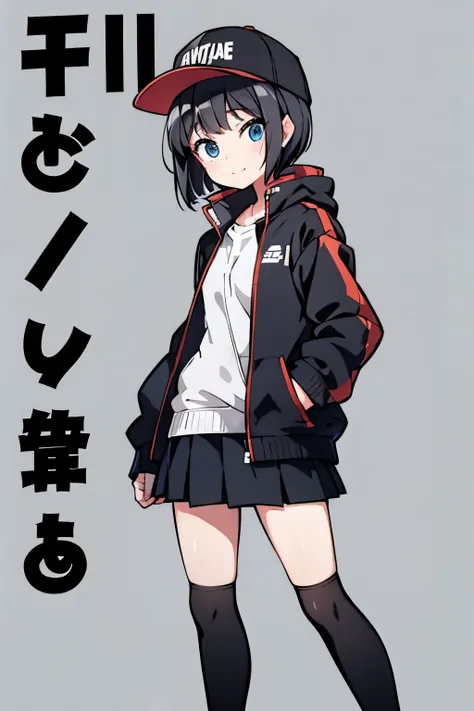 (((masterpiece, illustration, best quality))), 1girl, solo, blue eyes, ((detailed eyes)), looking at viewe, ((short hair)), ((black hair)), standing, ((baseball hat)), white headwear, upper body, black jacket, Closed sweater, ((Scenenary:white background))...