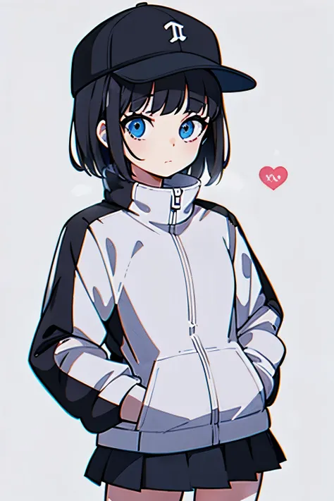 (((masterpiece, illustration, best quality))), 1girl, solo, blue eyes, ((detailed eyes)), looking at viewe, ((short hair)), ((black hair)), standing, ((baseball hat)), white headwear, upper body, black jacket, Closed sweater, ((Scenenary:white background))...