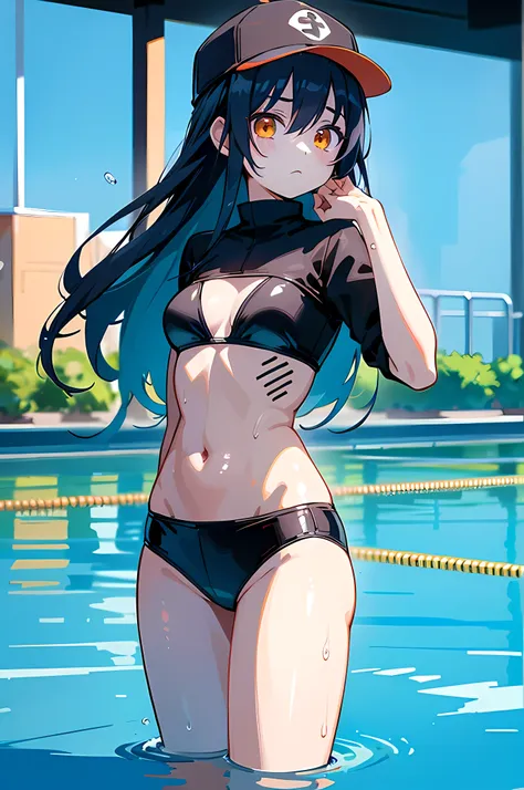 (8K Ultra High-Quality) (Masterpieces) (Image) (人物: Rimuru) 1 Girl 17years old, Long Black hair, Orange eyes colors, wearing short Jean, wearing Black Bikini top, wearing cap, background in swimming pool behide, shying face, red cheek, looking at viewer.
