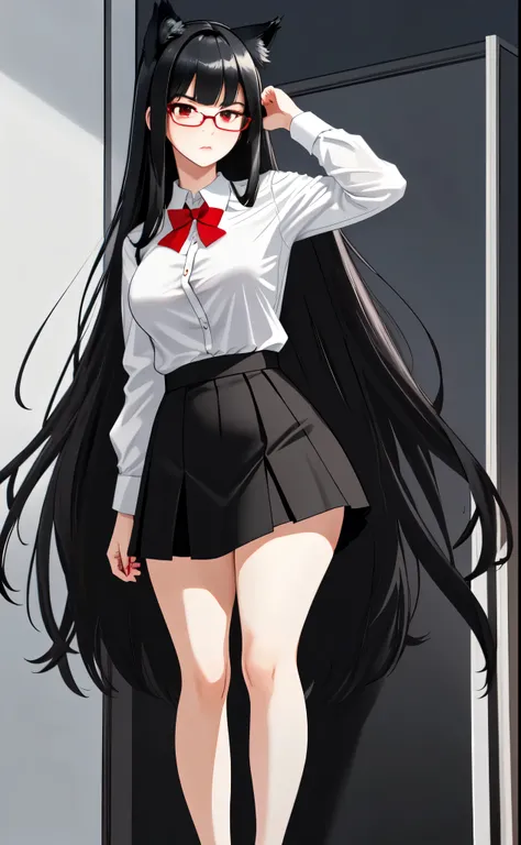 Solo:1.3, A tall woman, adult mature woman, medium breasts, thick thighs, black wolf ears, long black hair, straight bangs, red eyes, elegant clear glasses, serious face, wearing white button up shirt, black skirt, black stockings, red heels, in a classroo...