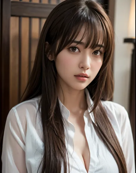 (realistic:1.4), (highest quality:1.0), (ultra high resolution:1.0), 8K, RAW photo, (masterpiece:0.2), Upper body, suit, shirt, 
Zaid G, 1 girl, detailed face, looking at the viewer, brown eyes, (long hair with bangs:1.2), (medium breasts:1.0), (big areola...