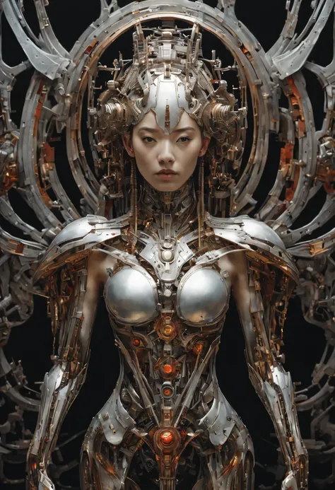 Futuristic native futurism, Actress Zhao Lusi plays the high-level cybernetic cyborg, picture of full body, walking towards the viewer, gigantic breasts, the Japanese goddess of war, sensuality, Artistic details, Cyberpunk Chinese mythology, Epic science f...