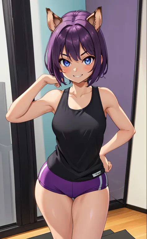 Solo:1.3, A light skinned girl, small breasts, thick thighs, toned body, short purple hair, purple squirrel ears, blue eyes, grinning, flexing, wearing black tank top, black athletic shorts, in a yoga studio, barefoot, standing