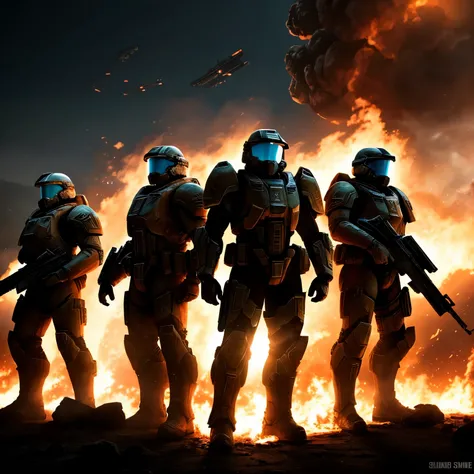 three UNSC space marines, halo, big, standing in front of a burning background, looking down to camera, dark undertone, menacing, UNSC, in spartan suit, helmet on, no face showing,(((ultra realistic))), action scene, dynamic