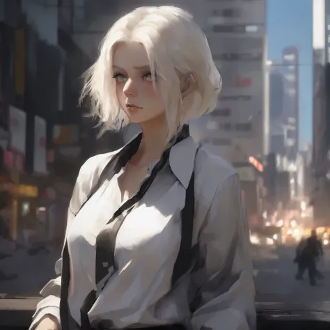 blond woman with white hair and black tie standing in a city, artwork in the style of guweiz, guweiz, girl with short white hair, ross tran style, girl with white hair, hyper-realistic cyberpunk style, muted cyberpunk style, trending on cgstation, the styl...