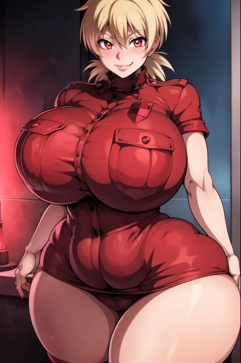 High resolution, Hellsing Ultimate art style, Seras Victoria, 1girl, ((bimbo))), short blond hair, red eyes, puffy lips, thick lips, wide hips, thick thighs, enormous round fake breast, huge ass, cute smile face, shy, girlfriend, blushing, tight police uni...