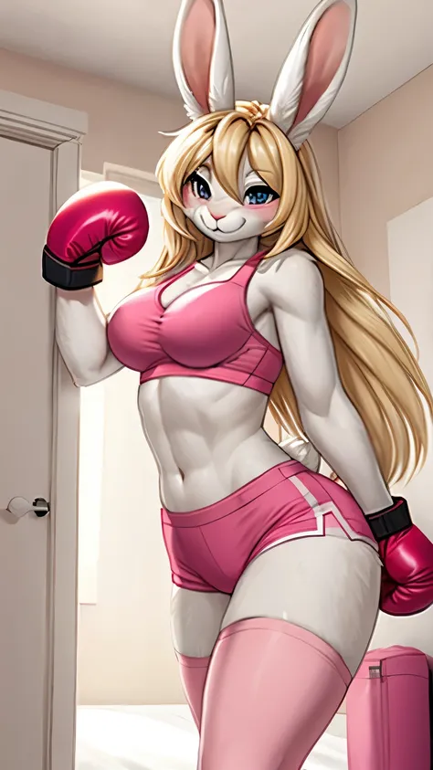 masterpiece, Best quality, rabbit with white fur, blond long hair, in a pink tight bra, in pink tight shorts, in pink stockings, in pink boxing gloves, I&#39;m standing in the bedroom