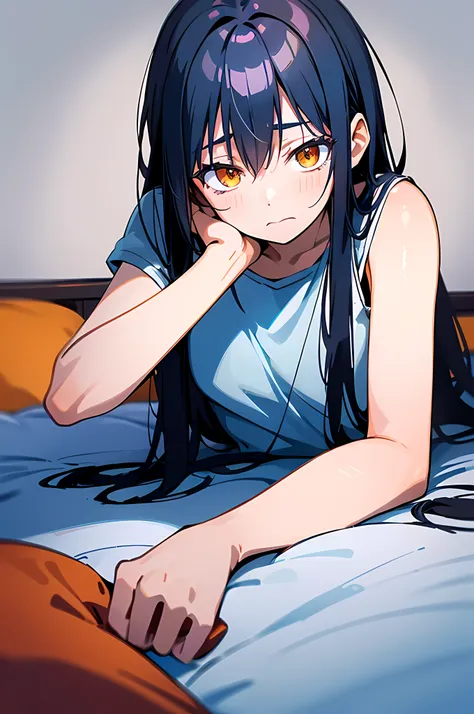 (8k ultra high-quality) (masterpieces) (image) (人物: rimuru) 1 girl 17years old, long black hair, orange eyes colors, wearing jea...