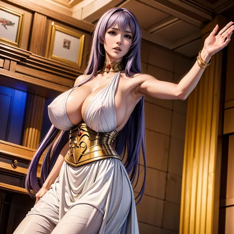 Sasha, purple hair, long hair, red eyes, white dress, collar, long skirt ,sleeveless, bare shoulders, split, clavicle, gold accessories, corset, 1 girl, perfect asian goddeslawless titquisite facial features，stunning，alone, (huge tits:1.4),looking at the a...