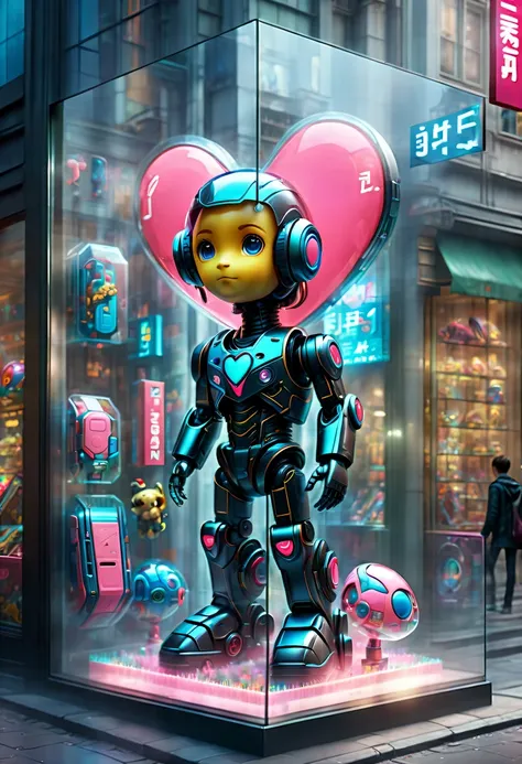 (looking from the outside，Look down the street，through glass:1.5)，hyper detailed masterpiece, Dynamic, good quality，toy store window设计,cyberpunk design，science fiction style，(It says in English on the poster:Future toy store:1.4)，(2D toy poster attached to...