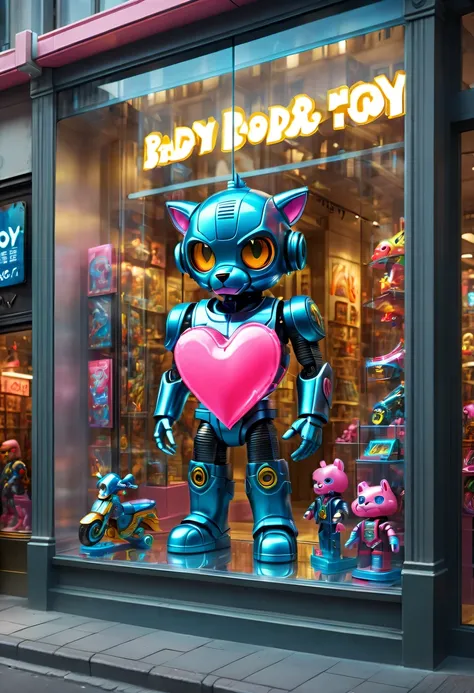 (looking from the outside，Look down the street，through glass:1.5)，hyper detailed masterpiece, Dynamic, good quality，toy store window设计,cyberpunk design，(It says in English on the poster:bad boy toy store:1.4)，(2D toy poster attached to glass:1.3)，(toy stor...