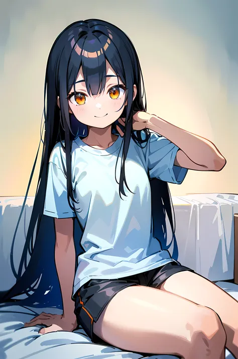 (8k ultra high-quality) (masterpieces) (image) (人物: rimuru) 1 girl 17years old, long black hair, orange eyes colors, wearing whi...