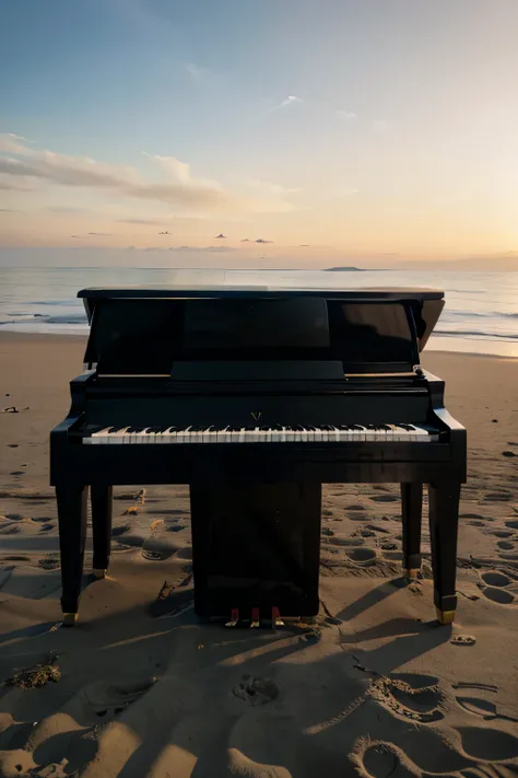 black piano in the beach. Ratio 16:9. Resolution 4k.