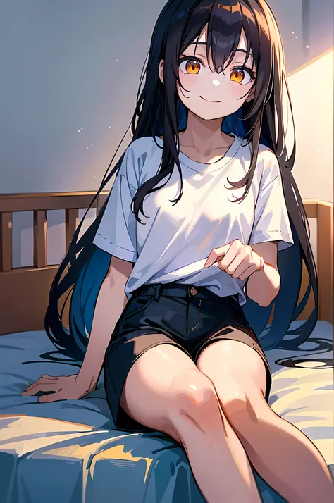 (8K Ultra High-Quality) (Masterpieces) (Image) (人物: Rimuru) 1 Girl 17years old, Long Black hair, Orange eyes colors, wearing white T-shirt, wearing short pant, background in bedroom, sitting on bed, smile looking at viewer.