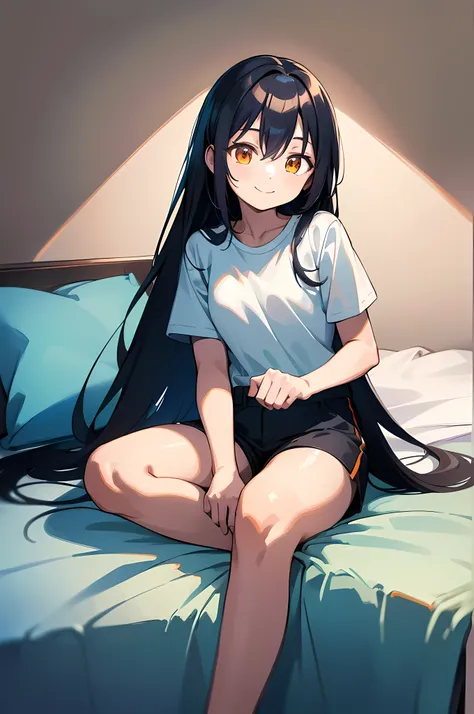 (8K Ultra High-Quality) (Masterpieces) (Image) (人物: Rimuru) 1 Girl 17years old, Long Black hair, Orange eyes colors, wearing white T-shirt, wearing short pant, background in bedroom, sitting on bed, smile looking at viewer.