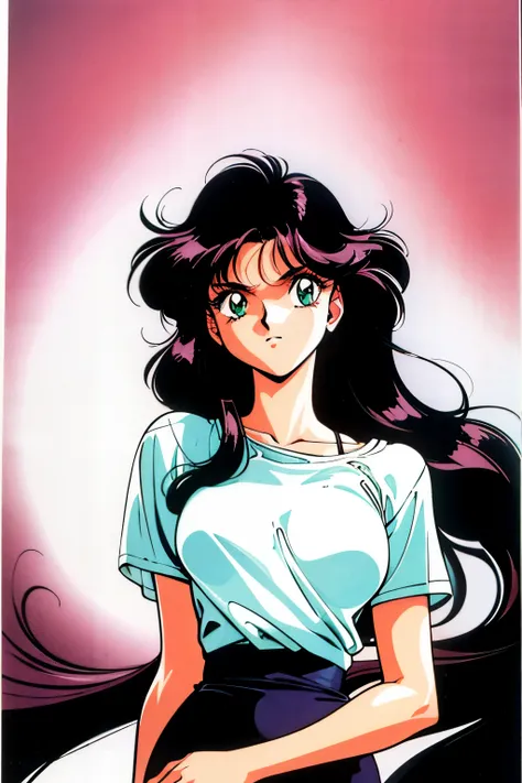 1990s (style), 1980s (style), retro artstyle, a girl, long black hair, green eyes, mean face, wavy hair, fit body, white top, be...