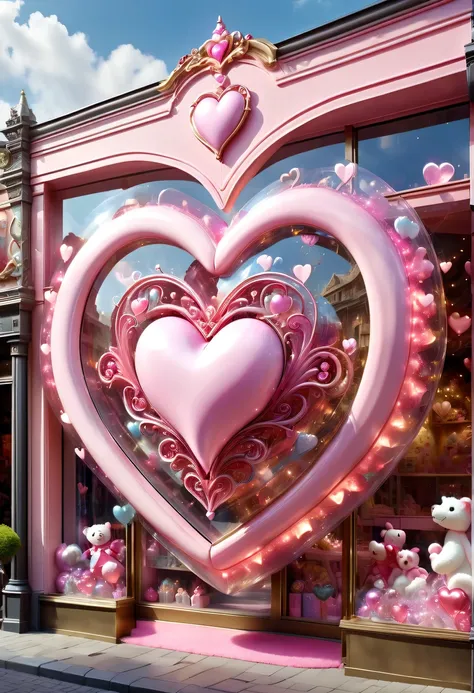 "魔法toy store window, detailed masterpiece, Dynamic, best quality, big pink heart, toy store window, Magic toy store display, beautiful design, Beautifully decorated, looking from the outside, Seen through the glass from the street"