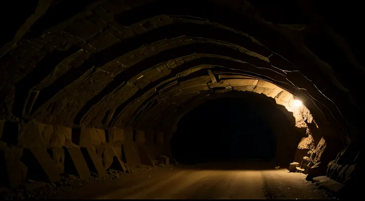 passage in a cave, mine tunnel. cinematic light, 4k hdr, lens 28mm