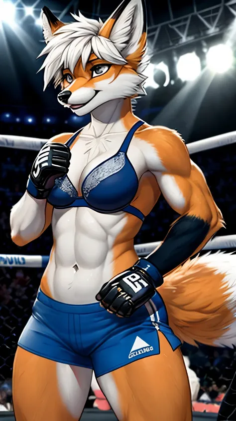 masterpiece, Best quality, Fox, Slim physique, weak, short hair, in a blue bra, in blue shorts with white line, in white UFC gloves, Standing in the UFC ring