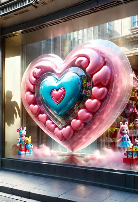 (looking from the outside，on the street看，through glass:1.5)，hyper detailed masterpiece, Dynamic, good quality,big pink heart, (toy store window:1.5),魔法toy store window，beautiful design，Nice decoration，display toys，looking from the outside，on the street