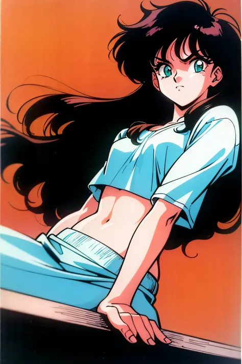 1990s (style), 1980s (style), retro artstyle, a girl, long black hair, green eyes, mean face, wavy hair, fit body, white top, best quality, masterpiece.