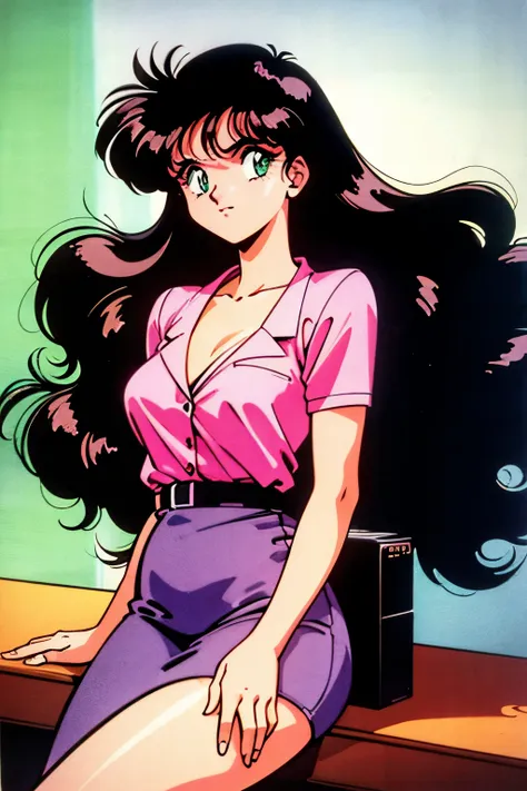 1990s (style), 1980s (style), retro artstyle, a girl, long black hair, green eyes, mean face, wavy hair, dressed in a suit, in a...