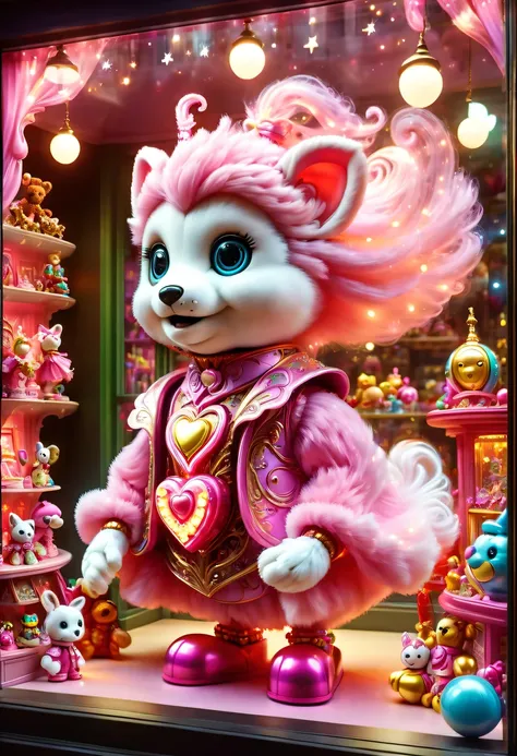 Topic prompts "A detailed masterpiece of a Magical toy store display" possible:

"(best quality,4K,8k,high resolution,masterpiece:1.2), Dynamic, Energetic, big pink heart, (toy store window:1.5), Magical toy store display, Beautiful design, Beautifully dec...