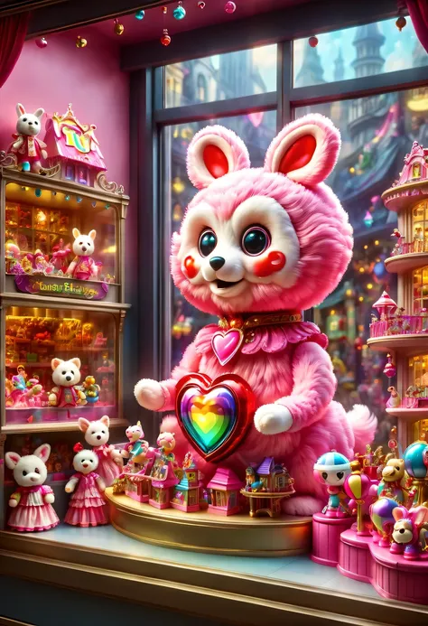 Topic prompts "A detailed masterpiece of a Magical toy store display" possible:

"(best quality,4K,8k,high resolution,masterpiece:1.2), Dynamic, Energetic, big pink heart, (toy store window:1.5), Magical toy store display, Beautiful design, Beautifully dec...